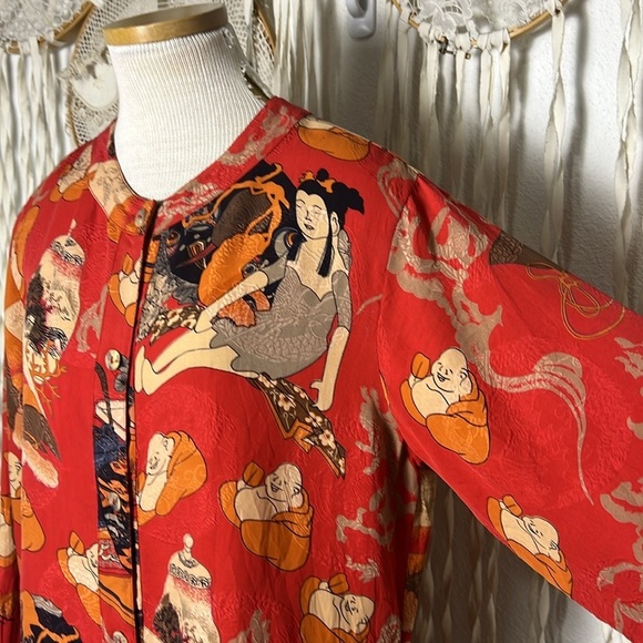 Citron Santa Monica Coral Button Down Silk Blouse with Asian Inspired Print L - Picture 2 of 11